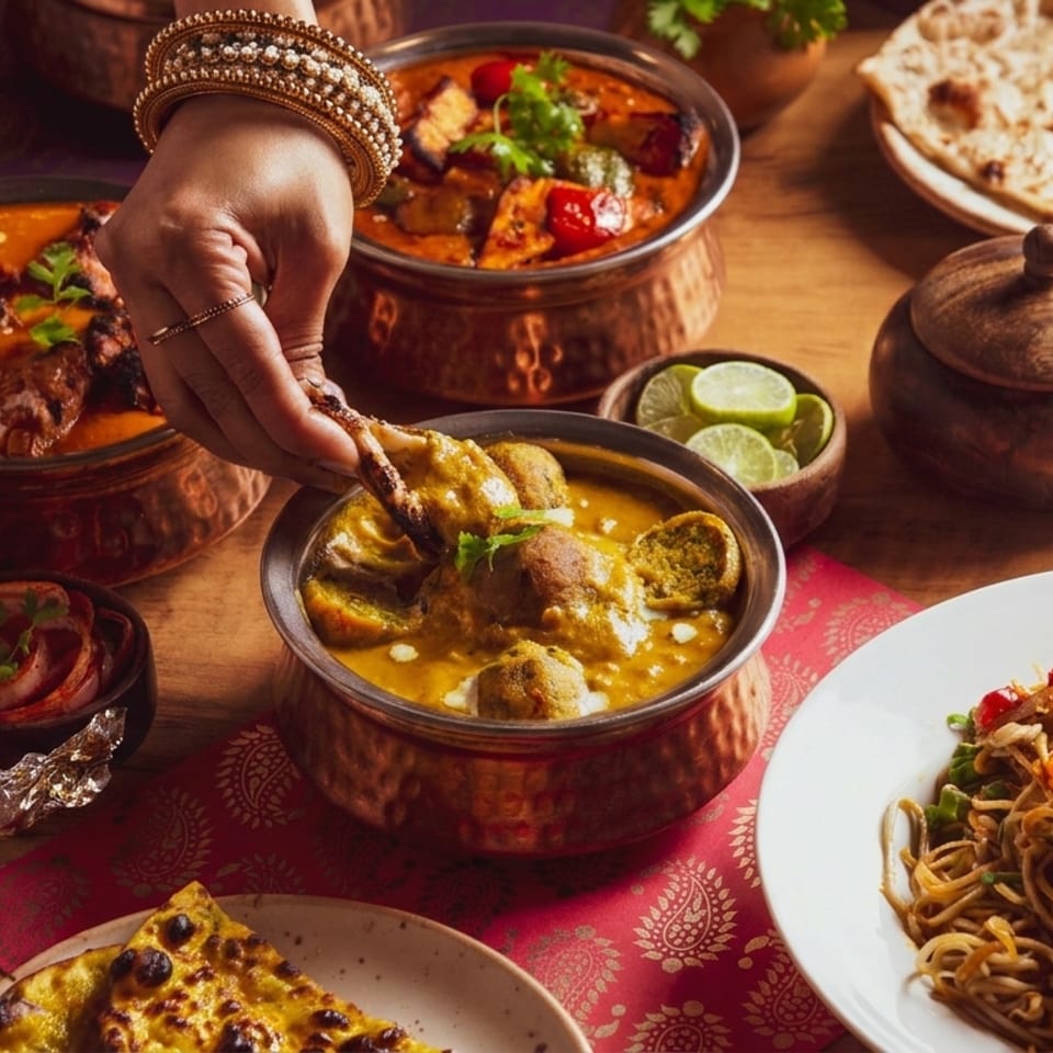 A hand with bangles dips food into a bowl of Indian curry amidst a spread of dishes.