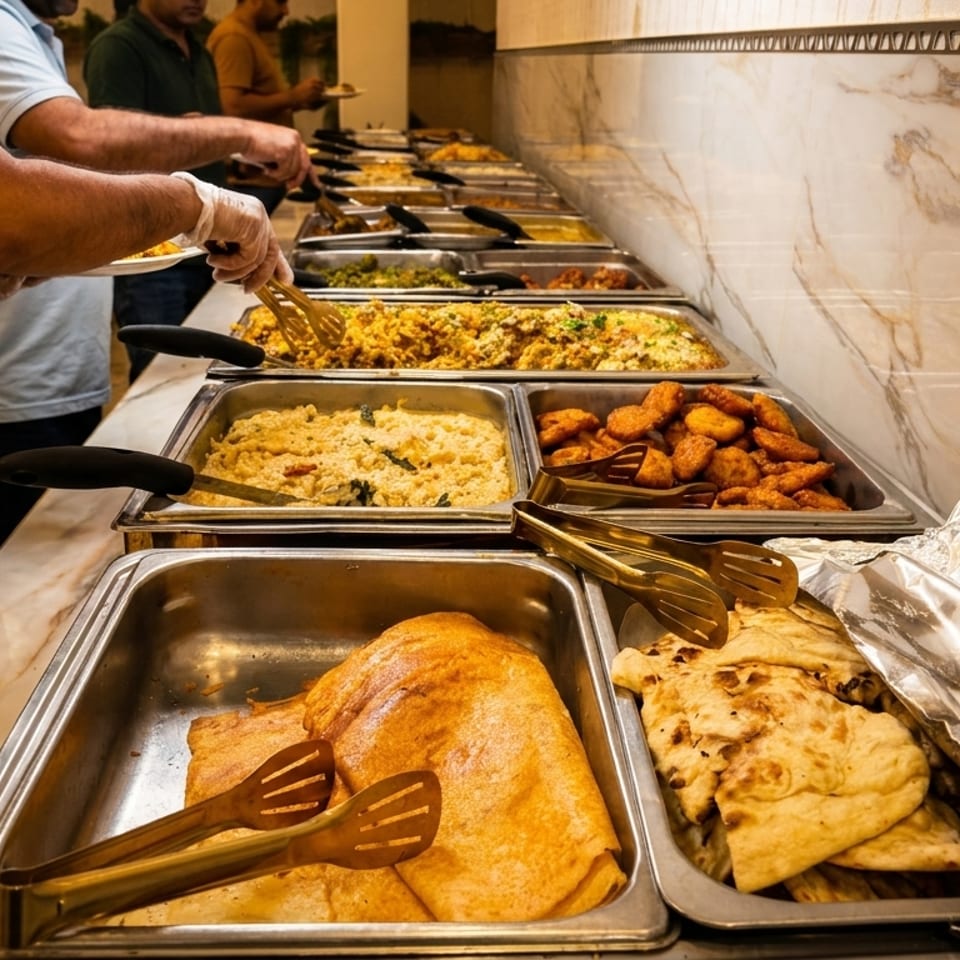 People serving themselves from a buffet line with various dishes, including naan bread and fried items.