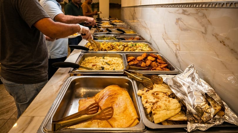 People serving themselves from a buffet line with various dishes, including naan bread and fried items.
