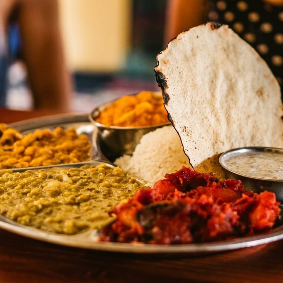 A traditional Indian thali with rice, dal, vegetables, papadum, and raita on a wooden table.