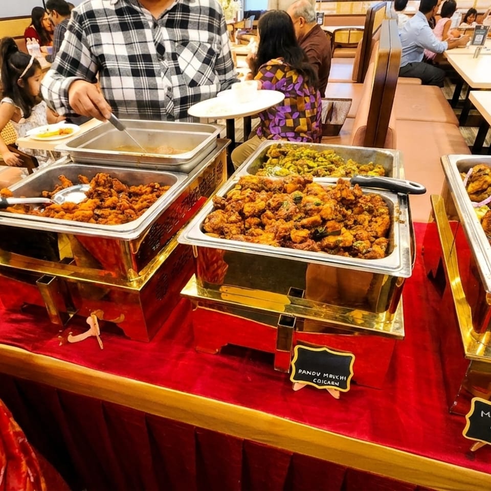 A buffet line with various chicken dishes, including kababs, in a restaurant setting.